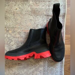 Sorel Black Leather Chelsea Boots with Red Chunky Sole